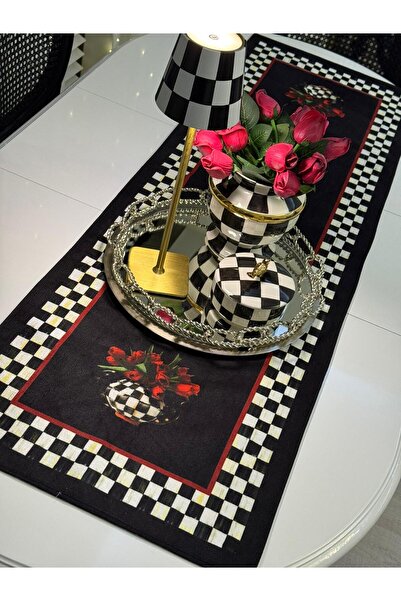 Nef’s Atelier SİYAH ZEMİN DAMA DESENLİ RUNNER 40X140 CM YAZISIZ
