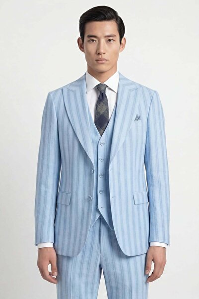 Giotelli Men's blue striped 8 drop viscose blend suit with vest