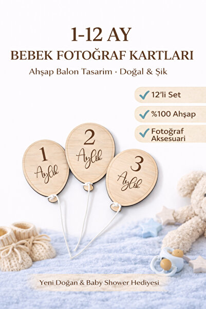 Tovo Craft 1-12 Ay Ahşap Bebek Fotoğraf Kartı Seti – Balon Şekilli Aylık Mile...