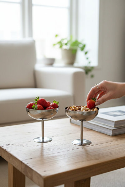 Akayev Aurea 2-Piece 13 cm Steel Footed Serving Tray, Snack Tray and Presenta...