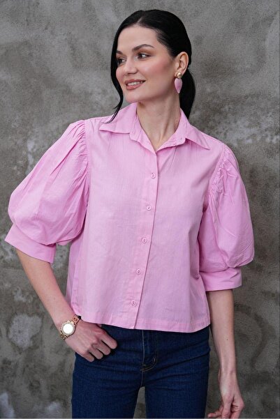 NEW JOURNAL Cămașă crop roz cu mâneci bufante pentru femei PC3017