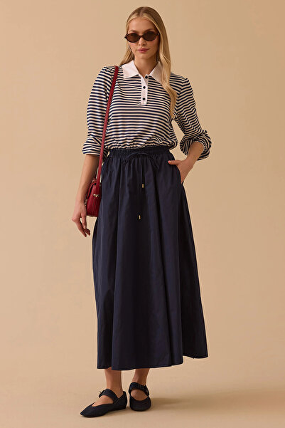 SEÇİL Women's Two-Piece Look Waist Tie Maxi Dress 1007 Navy Blue