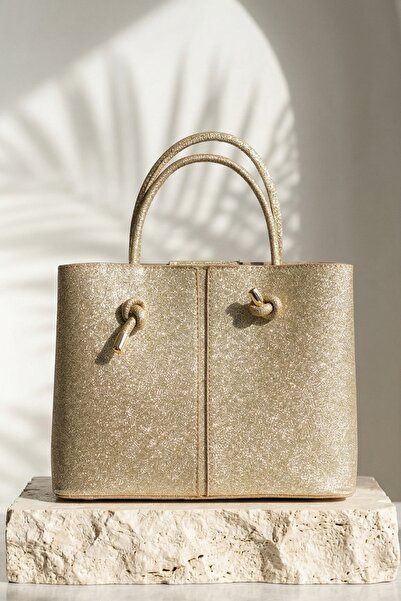 InStyle Ženska zlatna torba za ruku i rame sa šljokicama i četvrtastim šavovima