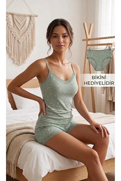 BEYAZTOPTAN Γυναικείο Σετ Φλοράλ Βαμβακερό Σετ Αθλητικό Σορτς με Δαντέλα και ...