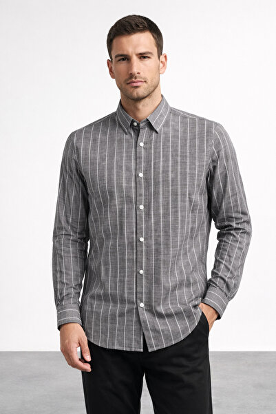 Polo State Men's Gray Pinstripe Regular Fit Cotton Smart Casual Daily Shirt