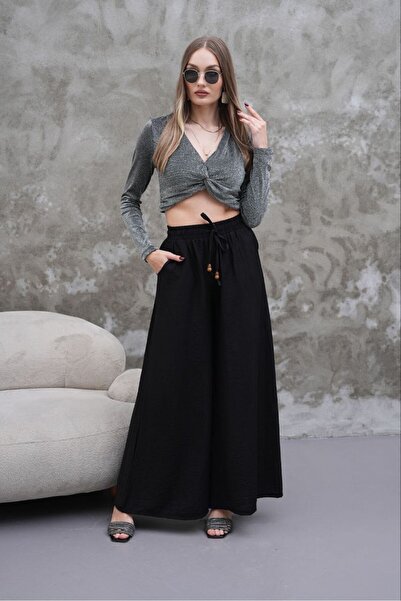 NEW JOURNAL Γυναικείο μαύρο ελαστικό παντελόνι με δέσιμο στη μέση και ντραπέ ...