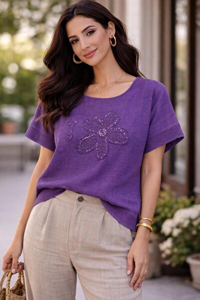 AGORATEKSTİL Bluză de damă, 100% țesătură de in, cu model margarete, supradim...