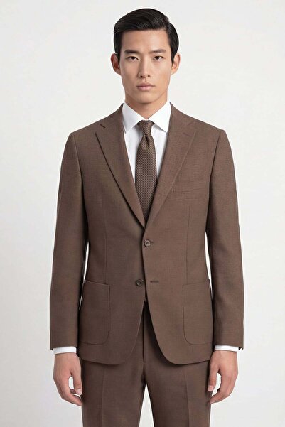 Giotelli Men's Viscose Cotton Blend Slim Fit 6 Drop Mono Collar Brown Suit