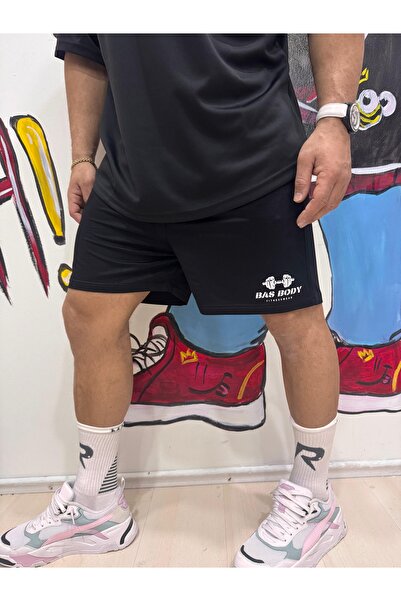Bas Body FitnessWear Siyah Penye Kumaş Bas Body Baskılı %100 Pamuk Spor Şort