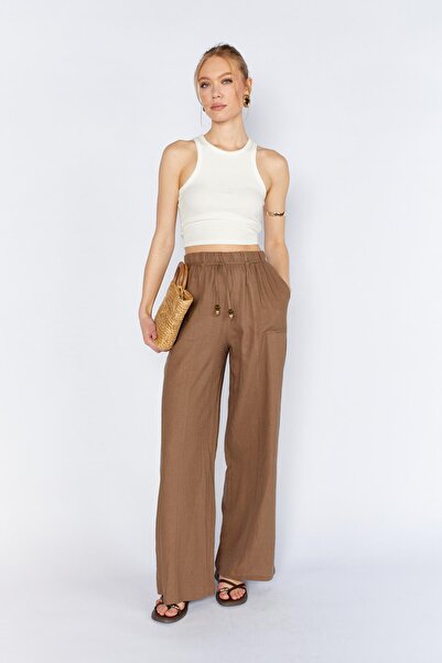 TENA Pantaloni de damă maro din in, cu buzunare exterioare și croială largă