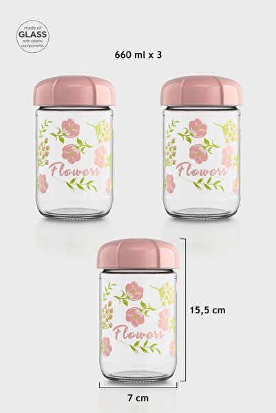 Renga Rhea 660 ml Flower Patterned 3-Piece Glass Jar Set 132006 Pink