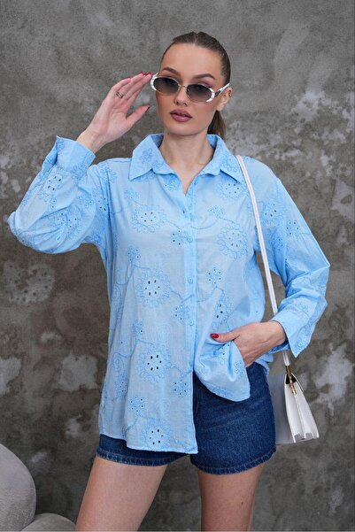 NEW JOURNAL Women's Blue Scallop Embroidered Shirt Pc2173