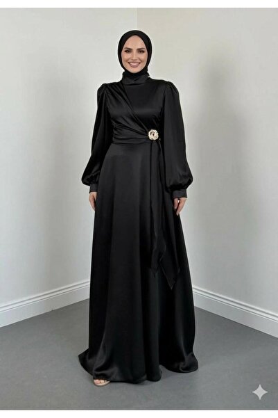 STİLZARAFET Gül Broş Detaylı Saten Abiye