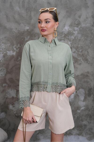 NEW JOURNAL Women's Green Lace Detailed Crop Shirt Pc030