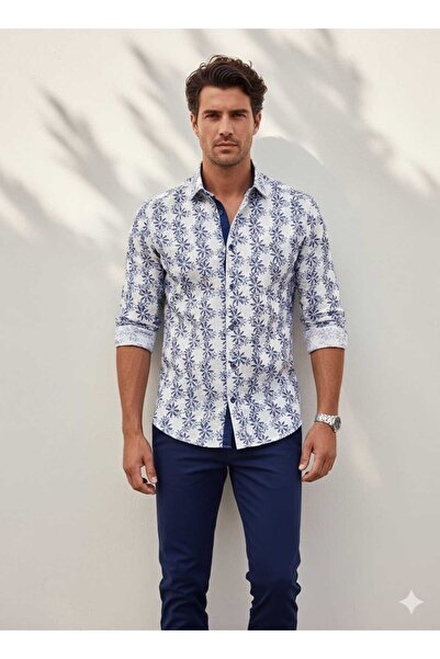 Louis Fabel Floral Patterned Summer Long Sleeve Men's Shirt