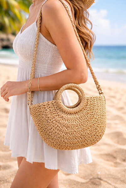 podyumgiyim Straw Handbag Women's Shoulder Strap Round Handle Summer Beach Bag