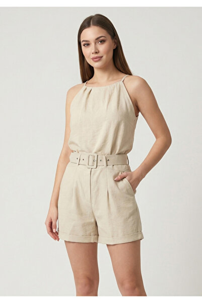 Little Visqon Kadın Keten Kumaş Şort ve Halter Yaka Üst Kemerli ve Cepli İkil...