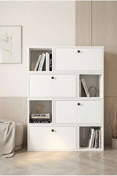FOR WOMAN DESİGN Ahşap Kitaplık 4 Kapaklı Modern Minimal Fonksiyonel Yaşam Al...