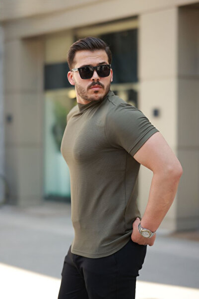 viyamen Ανδρικό κοντομάνικο μπλουζάκι με μισό ζιβάγκο, βασική στενή εφαρμογή