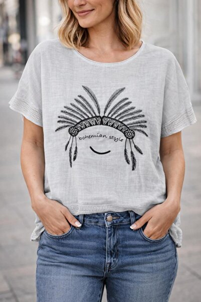 AGORATEKSTİL Women's 100% Linen Fabric Patterned Oversize Short Sleeve Blouse...