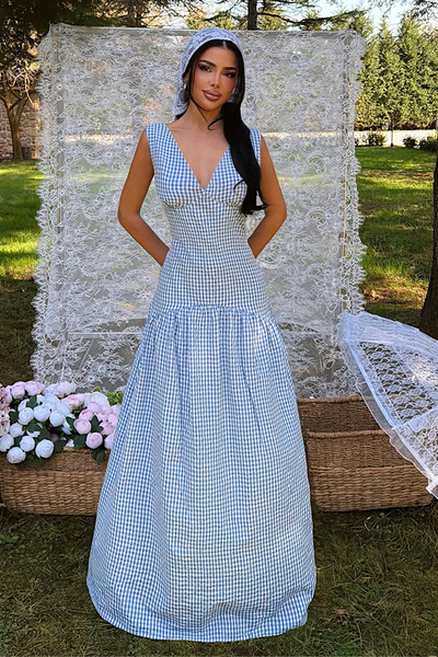 Eyyo Blue Plaid V-Neck Sleeveless Plaid Patterned Back Detail Long Dress Ate-...