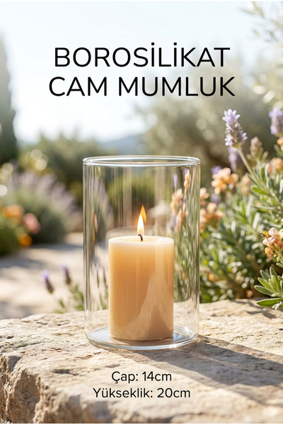 ERKUGO Borosilikat Cam Mumluk, 14cm x 20cm Silindir Şeffaf Dekoratif Mumluk, ...