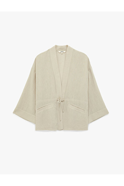 Koton Linen Look Wide 3/4 Sleeve Kimono with Pockets and Front Tie Detail