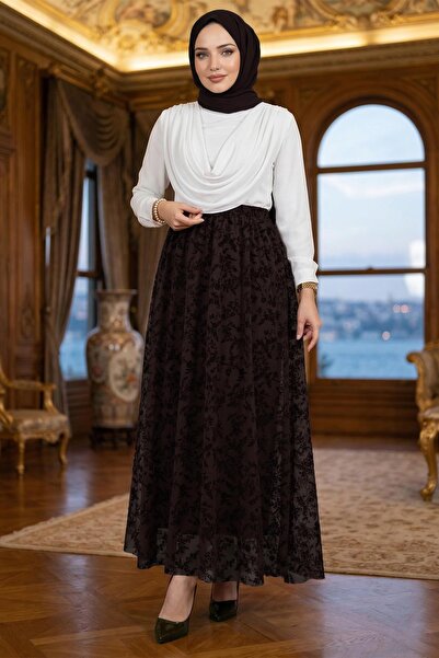 hafsamina Flok Baskılı Astarlı Çiçek Desenli Tül Etek Kahverengi HM2902