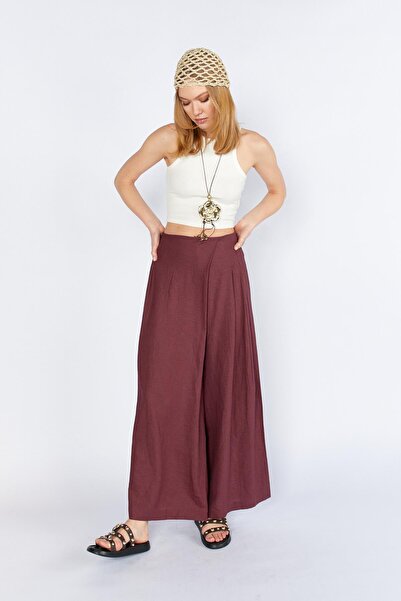 TENA Women's Burgundy Wrap Model Linen Trousers