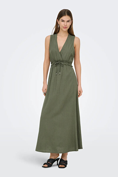 ONLY Women's Onlgoa Double Breasted Collar Elastic Waist Linen Maxi Dress 153...