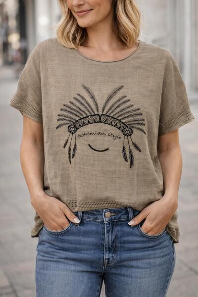 AGORATEKSTİL Γυναικεία μπλούζα με κοντά μανίκια, 100% λινό ύφασμα, με μοτίβο ...