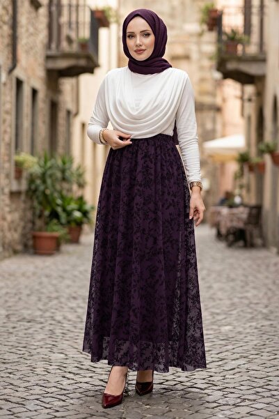 hafsamina Fusta din tul cu imprimeu floral și căptușeală cu flok, culoare pru...