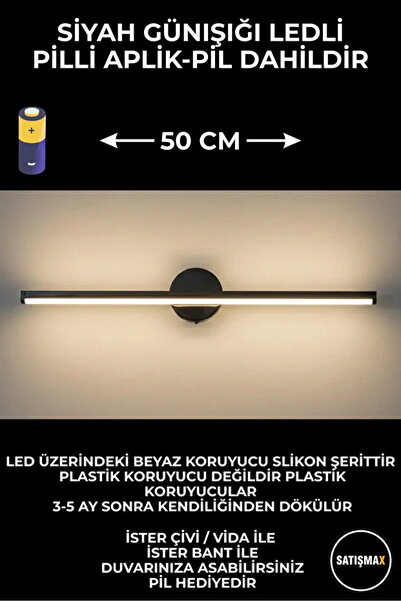 SatışMax Modern Dekoratif Led Duvar Aplik 50 Cm Siyah 1 Adet PİLLİ GÜNIŞIĞI IŞIK