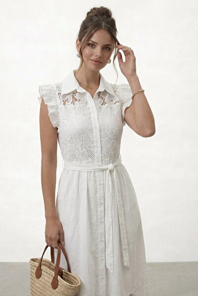 VAGGON Φόρεμα μίντι με βολάν στα μανίκια και λεπτομέρεια από δαντέλα