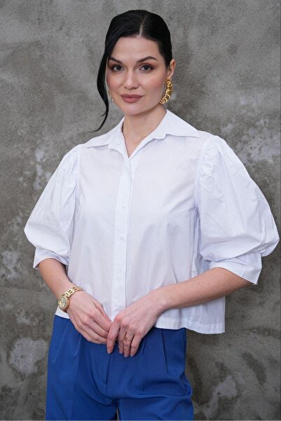 NEW JOURNAL Women's White Balloon Sleeve Crop Shirt Pc3017