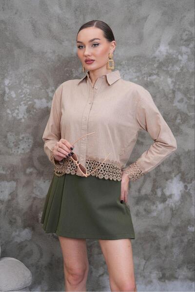 NEW JOURNAL Women's Beige Lace Detailed Crop Shirt Pc030