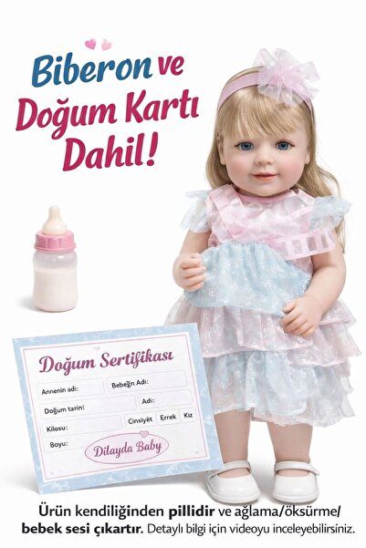 ZİVENTA 55 cm Sesli Oyuncak Et Bebek Orta Yumuşak Gövdeli Biberonlu Ağlama & ...