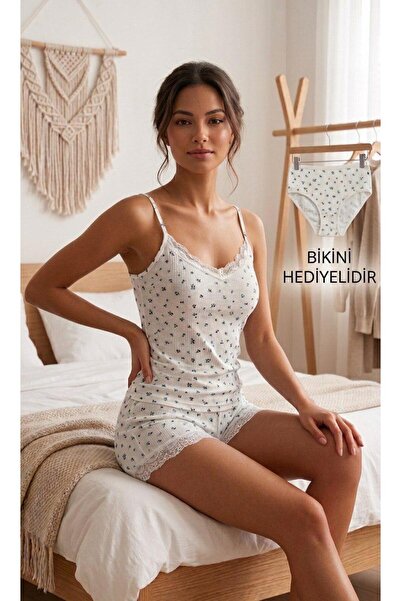 BEYAZTOPTAN Set de maiou și pantaloni scurți din bumbac cu flori și dantelă p...