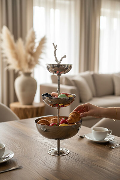 Akayev Aurea 3-Tier Steel Serving Tray for Snacks, Cookies, and Fruits