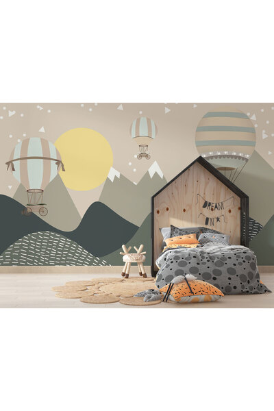 LOTUS AURA Bebek ve Çocuk Odası İçin Balonlu, Modern Dağ Manzarası Duvar Kağıdı