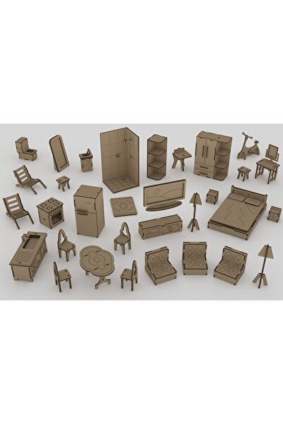 Porsuk Modern Ahşap Çocuk Evi Mobilyaları Seti Minyatür Ev Eşyaları 30 Parça ...