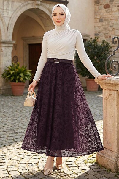 hafsamina Fusta din tul cu model floral, cu centură și căptușeală, culoare pr...