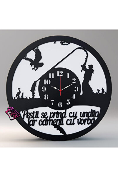 damoro Ceas de perete, PESCAR, Lemn, Negru/alb, 35 cm