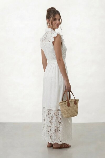 VAGGON Rochie midi cu mâneci cu volane și nasturi, cu detalii din dantelă