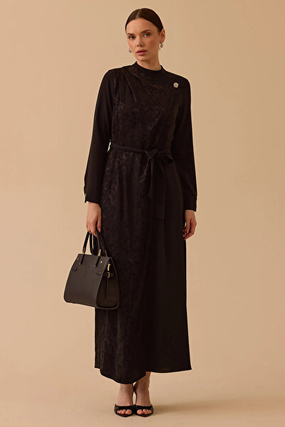 SEÇİL Γυναικείο φόρεμα ζακάρ με σχέδια και ζώνη 1024 Μαύρο