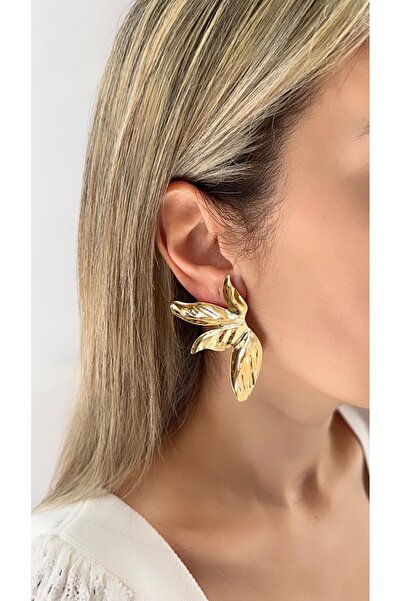 New Meluna Vip Steel Leaf Pattern Big Earrings Gold Color Modern Stylish Anti...