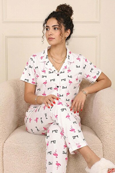 Niket Life طقم بيجامة نسائي من قماش ميلان بتصميم شعار ونقشة طيور، ياقة قميص و...