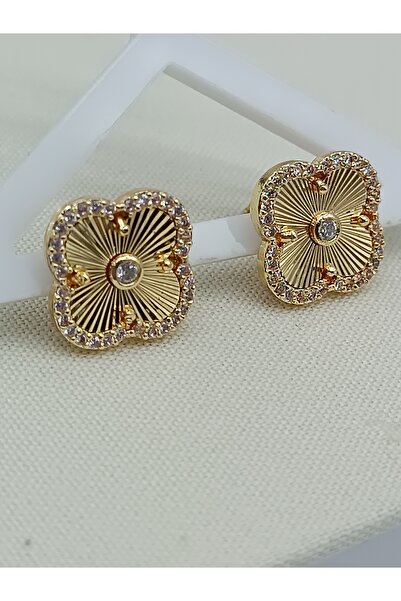 LAgül Aksesuar Özel Vip Seri Zirkon Taşlı Kararmaz Yonca Model Şık Gold Küpe