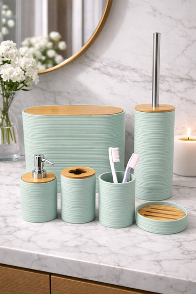 MAKRİ HOME Σετ Μπάνιου 6 τεμαχίων σε χρώμα Νεροπράσινο, με λεπτομέρειες από μ...