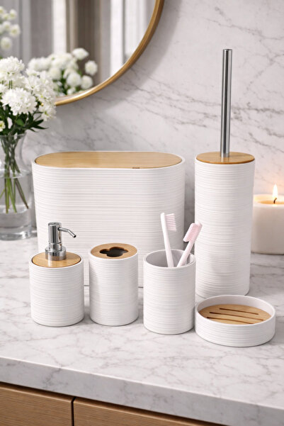 MAKRİ HOME Σετ Μπάνιου 6 τεμαχίων σε λευκό χρώμα, με λεπτομέρειες από μπαμπού...